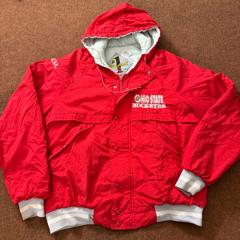 Vintage Ohio State Buckeyes‎ NCAA Jacket Red Hooded Puffy Coat Men Large #1 vTg